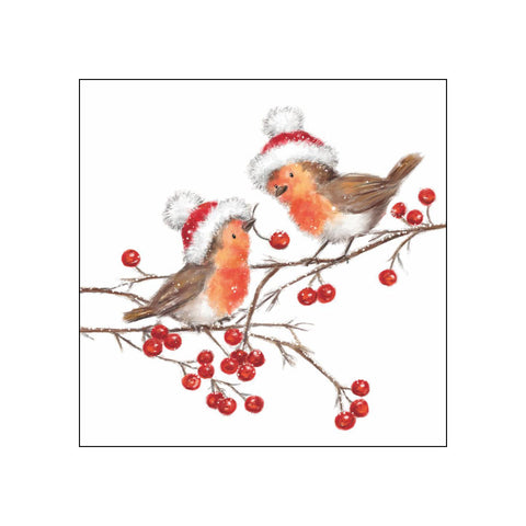 Christmas Robins, white • Beverage Napkins
