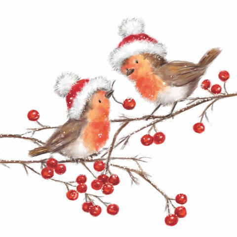 Christmas Robins, white • Beverage Napkins