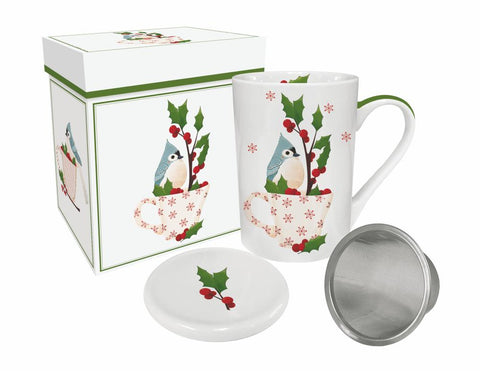 Holiday Cheer tea mug with lid and strainer